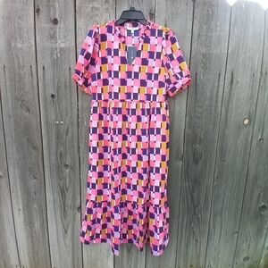 MICHELLE McDOWELL TESSA DRESS SMALL COLORED PULLOVER V NECK CHECKERED TIARED NEW